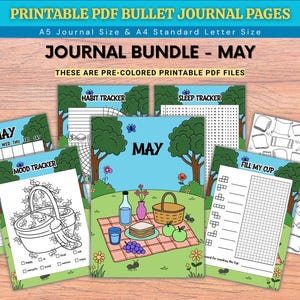 May include: A collection of printable PDF bullet journal pages. The pages include a May journal bundle with habit, sleep, and mood trackers, and a fill-in-the-cup page. The pages are pre-colored and available in A5 and A4 sizes.