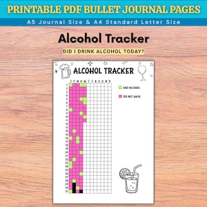 May include: A printable PDF alcohol tracker with the text "Alcohol Tracker" and "Did I drink alcohol today?". The tracker is designed for A5 journal size and A4 standard letter size. It includes a grid to track alcohol consumption.