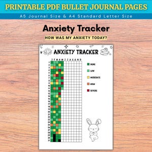 May include: A printable PDF anxiety tracker with the text "Anxiety Tracker" and "How was my anxiety today?" The tracker includes a grid for daily tracking, color-coded for anxiety levels, and a cute bunny illustration.