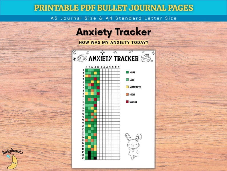 May include: A printable PDF anxiety tracker with the text "Anxiety Tracker" and "How was my anxiety today?" The tracker includes a grid for daily tracking, color-coded for anxiety levels, and a cute bunny illustration.