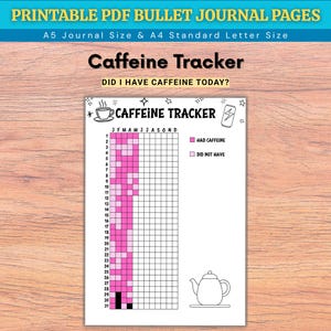 May include: Printable PDF Caffeine Tracker in A5 and A4 sizes. The tracker features a grid to monitor caffeine intake, with pink squares indicating caffeine consumption. Includes text: "Caffeine Tracker, Did I Have Caffeine Today?"