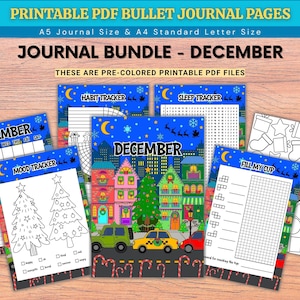 May include: A bundle of printable PDF bullet journal pages for December featuring a city street scene with a Christmas tree, cars, and holiday decorations. Includes a calendar, habit tracker, sleep tracker, mood tracker, and fill-my-cup page.