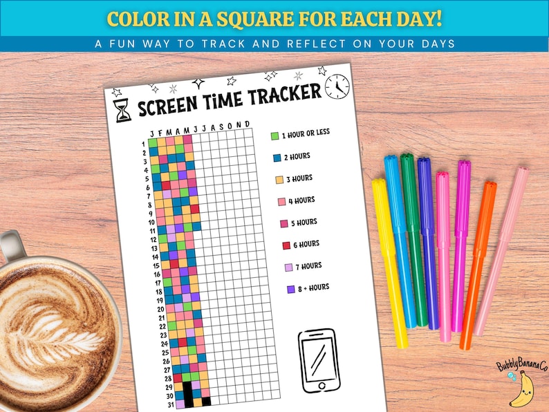 Op de afbeelding: Een witte schermtijdtracker met de tekst "COLOR IN A SQUARE FOR EACH DAY!" en "A FUN WAY TO TRACK AND REFLECT ON YOUR DAYS". De tracker bevat een raster voor het bijhouden van schermtijd, een sleutel met kleurgecodeerde tijdsblokken en een tekening van een smartphone. Kleurrijke markers liggen naast de tracker.