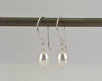White pearl drop earrings handmade sterling silver hooks, rice shape white cultured pearls, Australian seller. Wedding, bridal jewellery