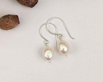 White freshwater pearl earrings, handmade sterling silver semi baroque pearl drop, Australian seller, bridesmaid gift, wedding, bestselling