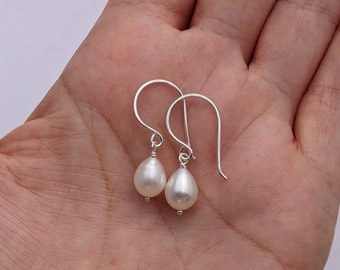 Small white teardrop drop pearl earrings, handmade sterling silver hooks, freshwater pearls, Australian seller, wedding bridal free shipping