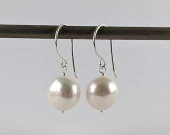 Sterling silver earrings featuring large white button freshwater pearls, handmade by Australian seller. Bridesmaid gift, wedding or everyday