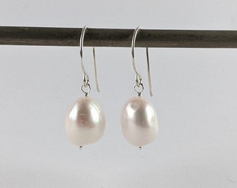 Large white baroque freshwater pearl drop earrings, handmade sterling silver hooks. Bridal, wedding, bridesmaid gifts, Australian seller