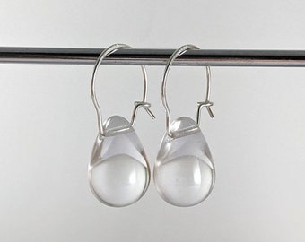 Clear sterling silver glass teardrop handmade earrings, colourless, simple, minimalist, summer earrings, classic, neutral, Australian seller