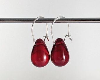 Red glass teardrop dangle earrings, sterling silver hooks, mother's day gift, minimalist drop earrings, Australian seller, secure latch