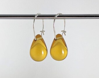 Amber colour glass drop earrings, handmade sterling silver latch back earrings, everyday, translucent, minimal designer, Australian seller