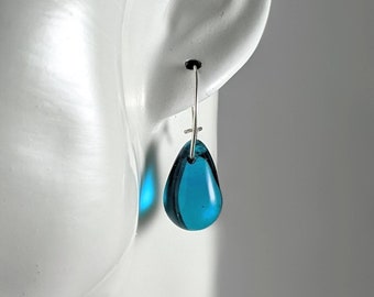 Teal blue drop earrings, handmade sterling silver teardrop glass drop earrings, simple, classic, birthday gift for her, Australian seller