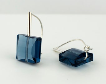 Unique translucent square crystal drop earrings, sterling silver handmade kidney hook, facet cut, latch together at the back, select colour