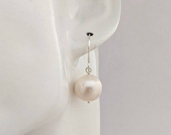 Large near round white freshwater pearl drop earrings. Handmade sterling silver hooks Australian seller, bridesmaid gift, bridal, wedding