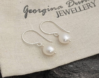 Smaller white semi baroque pearl drop earrings, handmade sterling silver hooks freshwater pearls, bridesmaid gifts, Australian seller