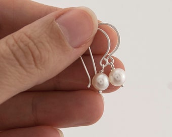 Small oval white pearl drop earrings, handmade sterling silver hooks, simple classic freshwater pearl earrings, Australia, minimalist, 925