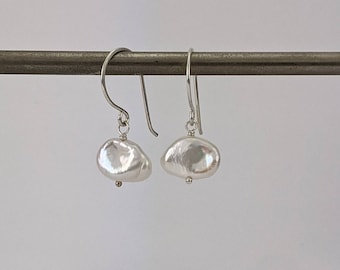 Sterling silver pearl drop earrings, freshwater medium keshi pearls. Wedding, bridal, bridesmaids gifts handmade by Australian seller