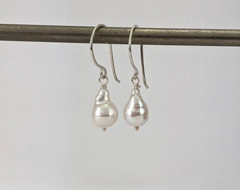 Freshwater pearl earrings, handmade sterling silver hooks, tiny white baroque drop, irregular shape pearls, Australia shop, free shipping