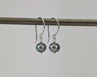 Small grey freshwater pearl drop earrings, sterling silver pearl earring, smooth round gray cultured freshwater pearls, Australian seller