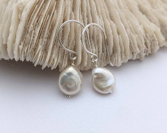 White coin pearl drop earrings, handmade sterling silver hooks, cultured freshwater pearls, Australia simple everyday classic pearl earrings