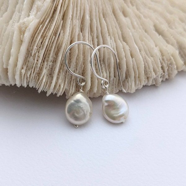 White coin pearl drop earrings, handmade sterling silver hooks, cultured freshwater pearls, Australia simple everyday classic pearl earrings