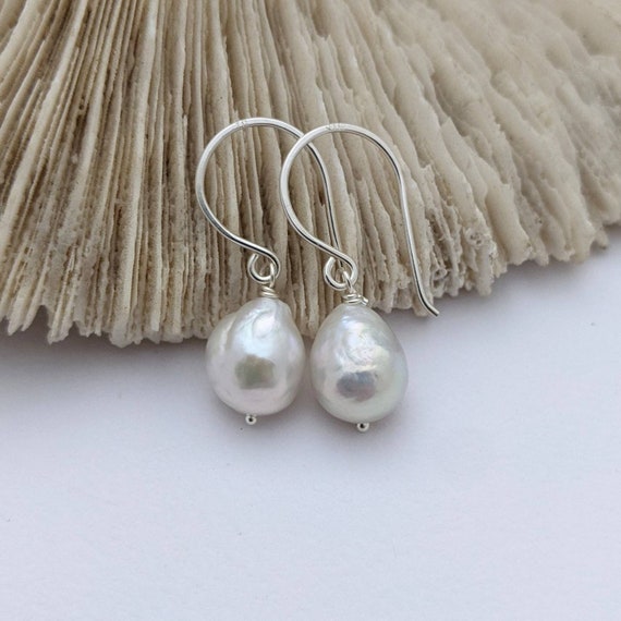Medium white baroque freshwater pearl earrings simple | Etsy