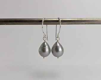 Grey teardrop pearl drop earrings, handmade jewellery, sterling silver hooks, freshwater pearl, Australian seller, free shipping, bridesmaid