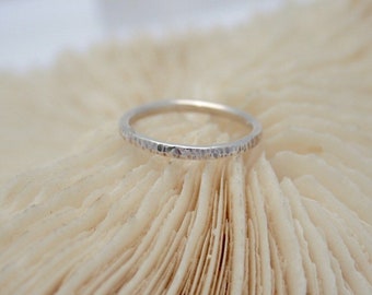 Thin sterling silver stacking ring, handmade hammered band with textured finish on outside, Australian seller, Georgina Dunn Jewellery