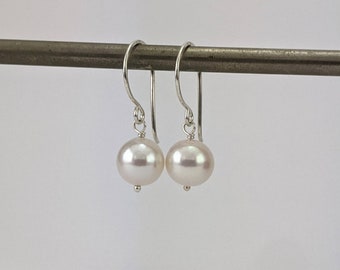White round freshwater pearl drop earrings with handmade sterling silver hooks. free domestic postage, Edison, high lustre, gift for friend