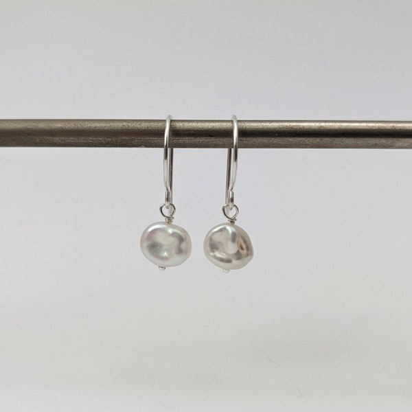 Sterling silver pearl drop earrings, white irregular keshi pearls, handmade by Australian seller. Perfect bridesmaid handmade gift