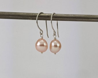 Pink semi baroque pearl drop earrings, handmade sterling silver hooks, cultured freshwater pearls, Australian seller