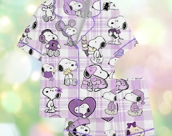 Women's Snoopy Pajama Set, Purple Plaid Satin Sleepwear, Short-Sleeve Button-Up Shorts