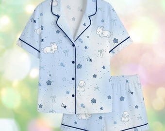 Blue Bunny Print Satin Pajama Set, Short Sleeve Button-Up Sleepwear