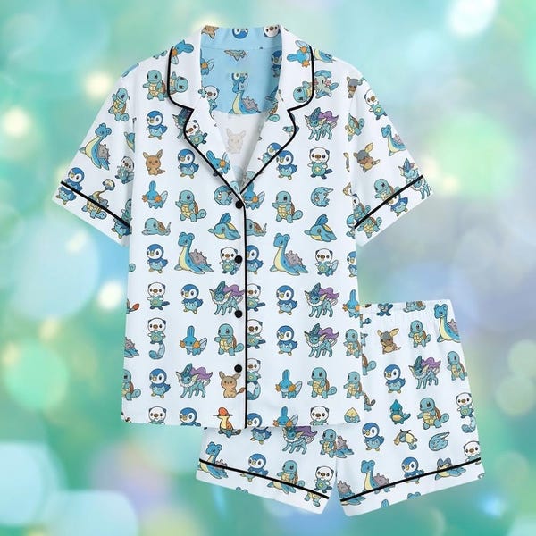 Funny ANIME PKM PIKACHU Pajamas Women, Kawaii Character Pajama Set, Button Down Summer PJs