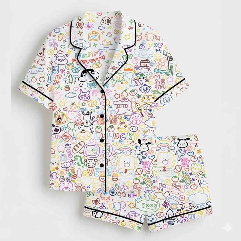 May include: White pajama set with a colorful, whimsical print of cartoon characters, food, and text. The short-sleeved top and shorts are outlined in black. The word "HAPPY" is visible on the top.