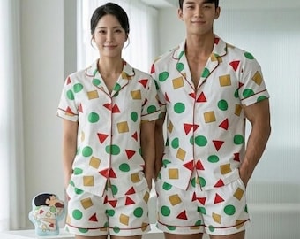 Satin Pajama Set: Shinchan Print Short-Sleeve Couples Sleepwear