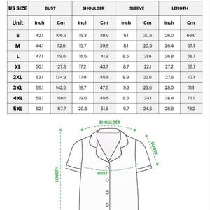 May include: A chart detailing measurements for an all-over print satin short-sleeve pajamas set, including bust, shoulder, sleeve, and length in inches and centimeters. A diagram of the pajama top is also included.