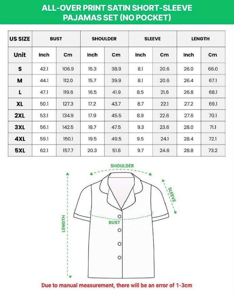 May include: A chart detailing measurements for an all-over print satin short-sleeve pajamas set, including bust, shoulder, sleeve, and length in inches and centimeters. A diagram of the pajama top is also included.