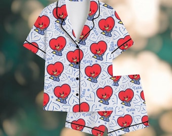 BT21 Tata Satin Pajama Set, Kpop Idol Cartoon Sleepwear, Women's Short-Sleeve Loungewear