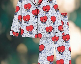 BT21 Tata satin pajamas, Kpop idol cartoon pajamas, long-sleeved loungewear for women.