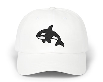 Gorra de béisbol bordada con orca, diseño minimalista de sombrero de ballena jorobada.