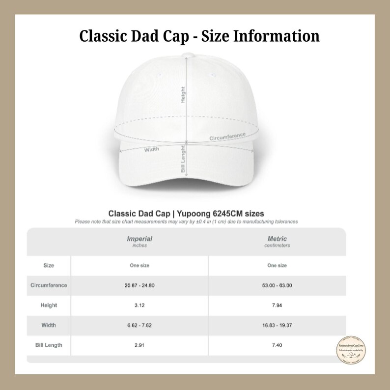 Puede incluir: Una gorra de b&eacute;isbol blanca con una tabla de tallas titulada Classic Dad Cap - Size Information. La tabla muestra medidas en cent&iacute;metros para circunferencia 53,00-63,00, altura 7,94, ancho 16,83-19,37 y longitud de visera 7,40 para el modelo Yupoong 6245CM.