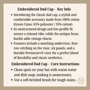 Puede incluir: Un gr&aacute;fico informativo titulado Embroidered Dad Cap - Key Info. Enumera caracter&iacute;sticas que incluyen material 100% algod&oacute;n, dise&ntilde;o no estructurado, ajuste de perfil bajo, hebilla de lat&oacute;n antiguo, visera inferior a juego y visera Permacurv.