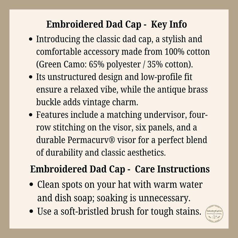 Puede incluir: Un gr&aacute;fico informativo titulado Embroidered Dad Cap - Key Info. Enumera caracter&iacute;sticas que incluyen material 100% algod&oacute;n, dise&ntilde;o no estructurado, ajuste de perfil bajo, hebilla de lat&oacute;n antiguo, visera inferior a juego y visera Permacurv.