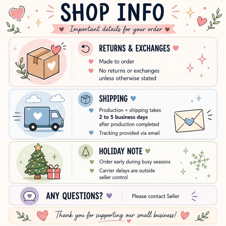 Puede incluir: Un gr&aacute;fico informativo titulado SHOP INFO con secciones para RETURNS & EXCHANGES, SHIPPING, HOLIDAY NOTE y ANY QUESTIONS. El dise&ntilde;o presenta colores pastel, iconos de coraz&oacute;n, una caja de cart&oacute;n, un cami&oacute;n de reparto, un sobre y un &aacute;rbol de Navidad.
