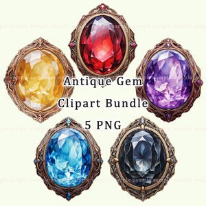 Antique Gem Clipart Bundle – Ruby Sapphire Amethyst Set, Classic Vintage Gemstone PNG, 5 PNG
