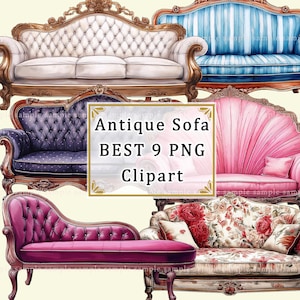 Paquete de imágenes prediseñadas de sofá victoriano, sofá antiguo en acuarela, muebles vintage, fondo transparente, uso comercial