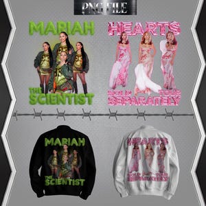 May include: Image features two bomber jackets and two graphics. The top graphics read "MARIAH" and "HEARTS" with the text "THE SCIENTIST" and "SOLD TOUR SEPARATELY". The bottom jackets are black and white with the same graphics.