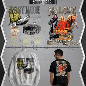May include: A promotional image featuring merchandise for the Post Malone and Jelly Roll tour. The image includes a white jacket and a black t-shirt, both displaying tour graphics. The top left graphic shows a cowboy boot and stadium. The top right graphic shows the performers.