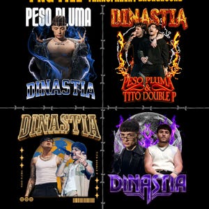 Könnte beinhalten: Vier Grafiken auf schwarzem Hintergrund mit den Texten "PESO PLUMA" und "DINASTIA". Die Designs enthalten Bilder von Personen und Text, mit transparentem Hintergrund.